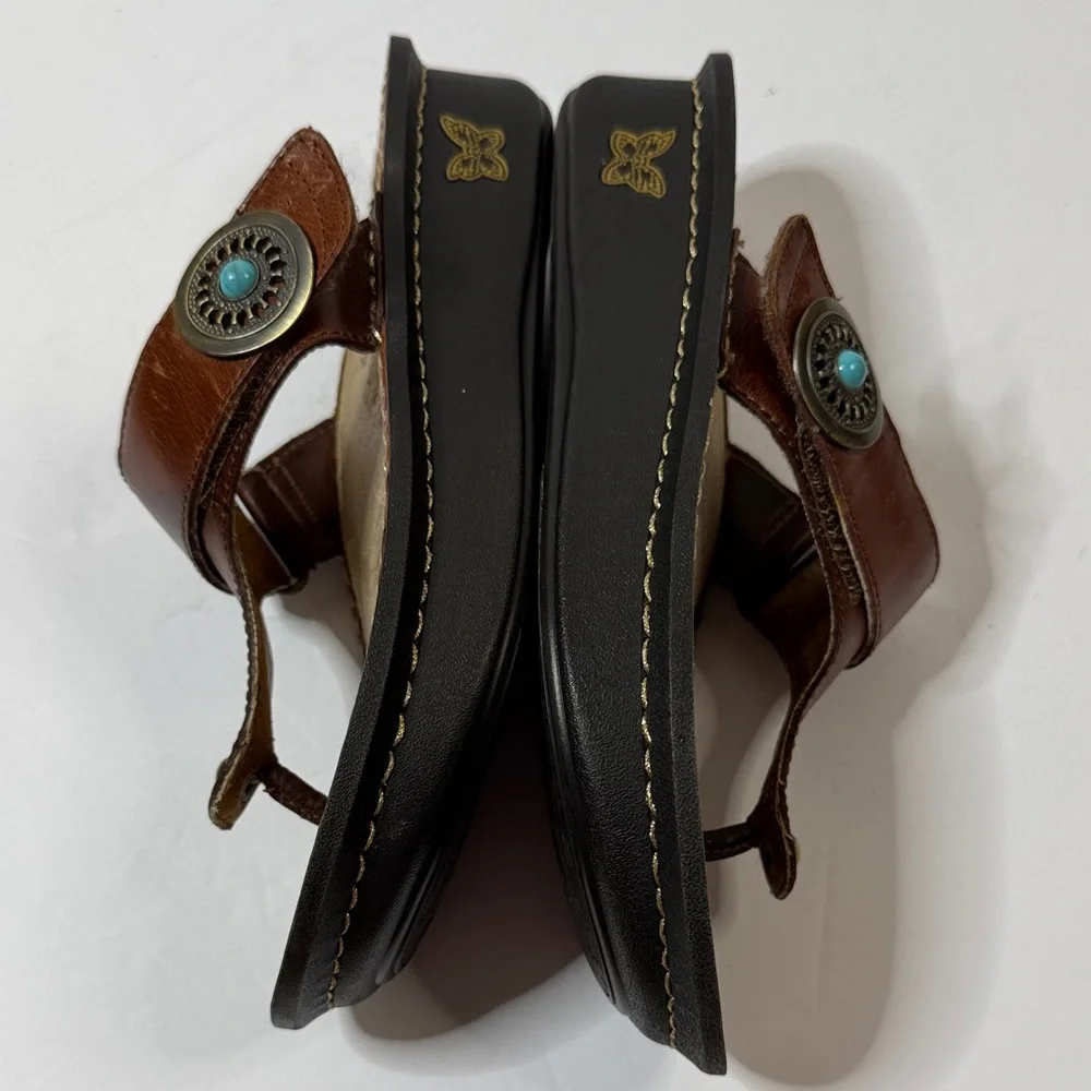 Alegria Carina Brown Leather Thong Sandals with Turquoise Detail